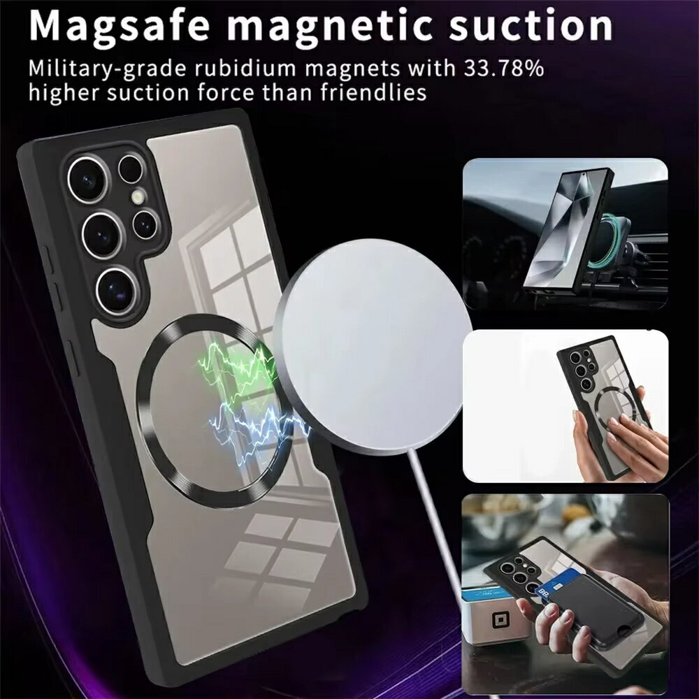 Magsafe-Samsung用の完全な耐衝撃ケース,透明なカバー,ワイヤレス磁気充電,Galaxy s25,s24,s23,s22 ultra plus,360 °