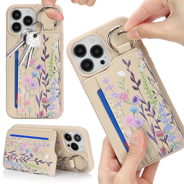 対応 いphone15Pro Max ケース 米軍MIL規格 iPhone 15 Pro Max ケース 花柄 カード収納 リング付き キー