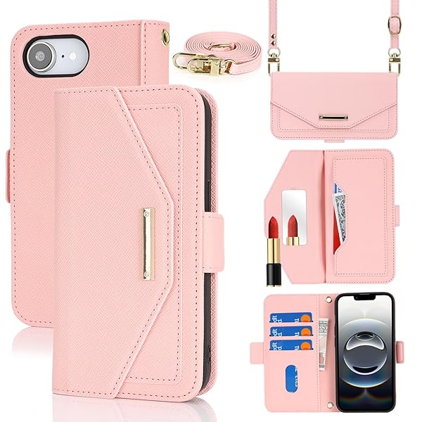 対応 iPhone 16e ケース 手帳型 ショルダー 鏡 あいふおん16eケース ストラップ付き ミラー カー