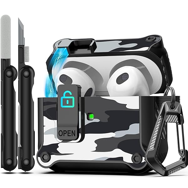 Airpods 第 3 世代用ケース、安全なロック クリップ付き、フルボディ耐衝撃ハードシェル保護