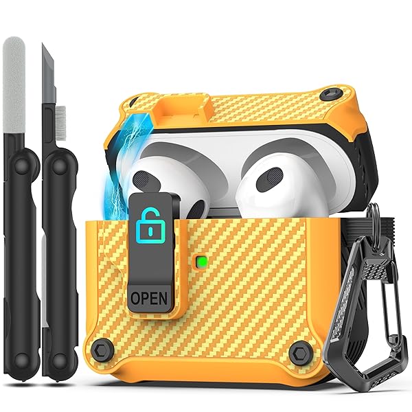 Airpods 第 3 世代用ケース、安全なロック クリップ付き、フルボディ耐衝撃ハードシェル保護