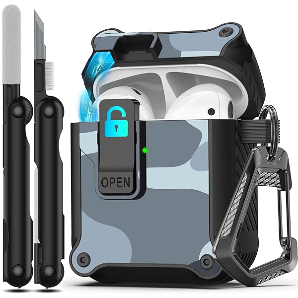 Airpods 第 2 世代および第 1 世代保護ケース 安全ロッククリップ付き自動ポップアップ、キー