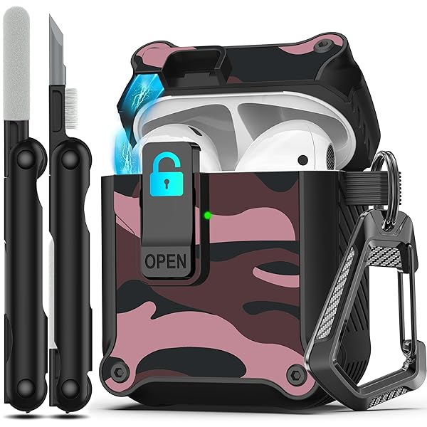 Airpods 第 2 世代および第 1 世代保護ケース 安全ロッククリップ付き自動ポップアップ、キー