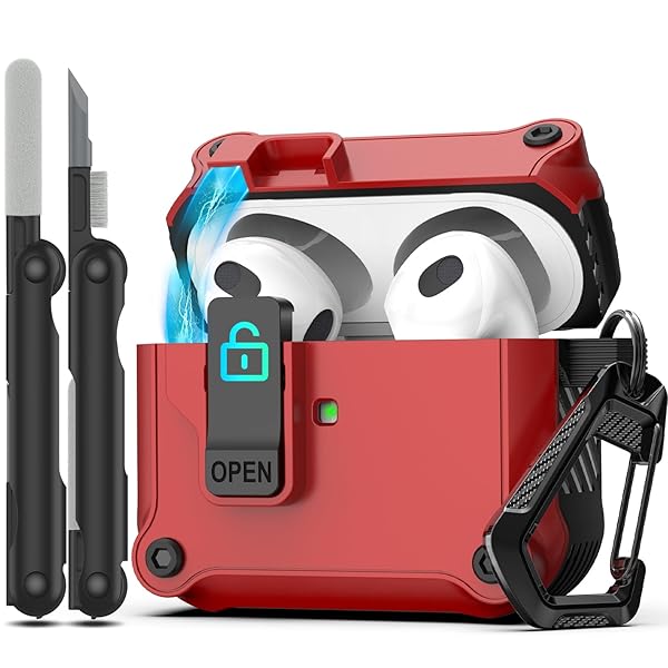 Airpods 第 3 世代ケース、安全なロック クリップ付き、フルボディ耐衝撃ハードシェル保護、Ai