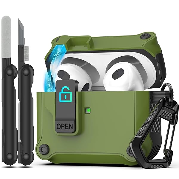 Airpods 第 3 世代ケース 安全なロッククリップ付き、フルボディ耐衝撃ハードシェル保護、AirPo