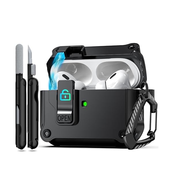 AirPods Pro 第 2/1 世代ケースカバー 安全なロッククリップ付き、自動ポップアップケース フル