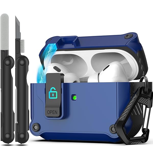 AirPods Pro 第 2/1 世代ケースカバー 安全ロッククリップ付き 自動ポップアップケース フルボデ