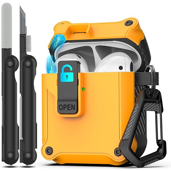 Airpods 第 2 世代および第 1 世代保護ケース 安全ロッククリップ付き自動ポップアップ、キー