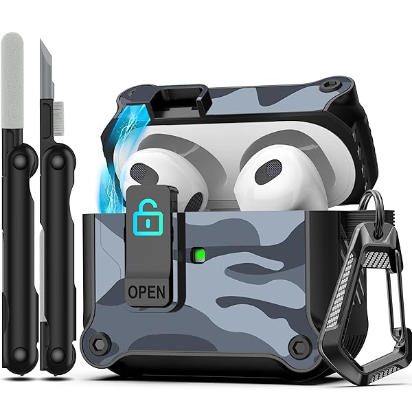 Airpods 第 3 世代用ケース、安全なロック クリップ付き、フルボディ耐衝撃ハードシェル保護