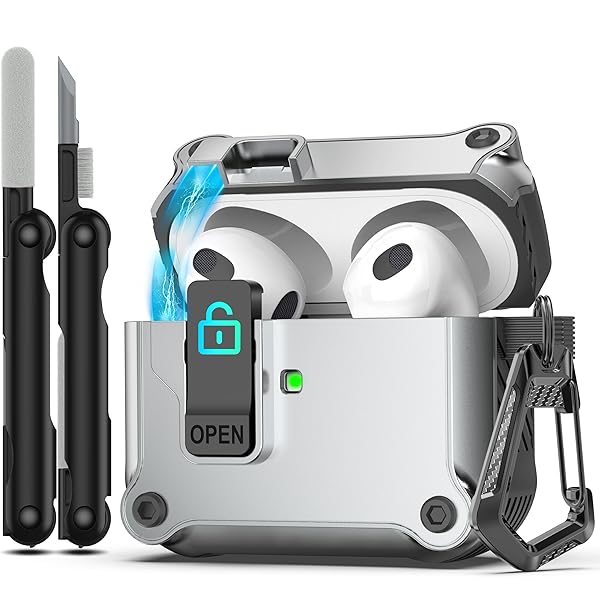 Airpods 第 3 世代用ケース、安全なロック クリップ付き、フルボディ耐衝撃ハードシェル保護