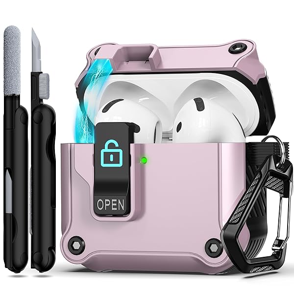 AirPods 4th ケースカバー 安全ロッククリップ付き 自動ポップアップケース フルボディ 耐衝撃