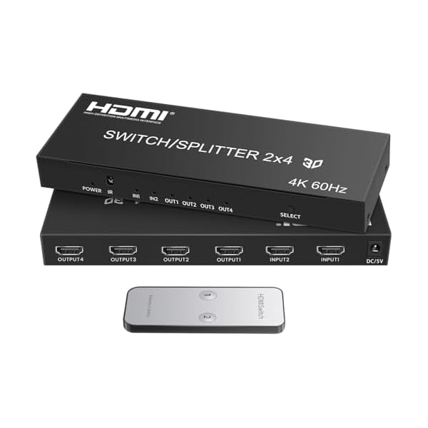 HDMI 分配器 4K@60Hz 2入力4出力 HDMI切替器 リモコン付き HDMI音声分離器 SPDIF光デジタル 3.5mmオー..