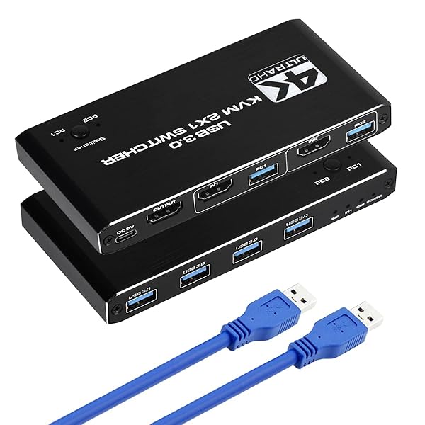 HDMI KVMスイッチ 2x1 切替器 4K 60Hz KVM切替器 2入力1出力 HDMI 2.0ポート 4 USB KVMポート 1台のモニターで2台のパソコンを共有、ワイヤレスキーボード、マウス、USBディスク、プリンター、USBカメラ 対応