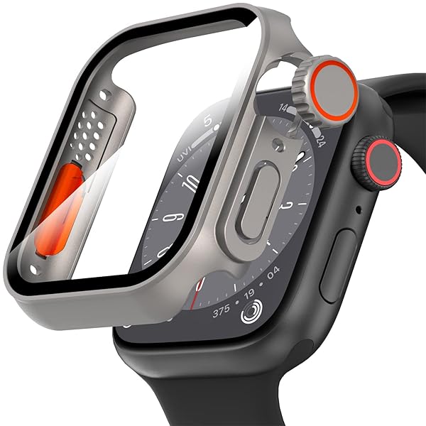 for Apple Watch 45mmスクリーンプロテクター・ケース、超薄型強化ガラス ユニークなデザイン フルカバレッジ ハードPCケース カバー for iWatch Series 9/8/7 45mm(チタニウムスチール for Apple