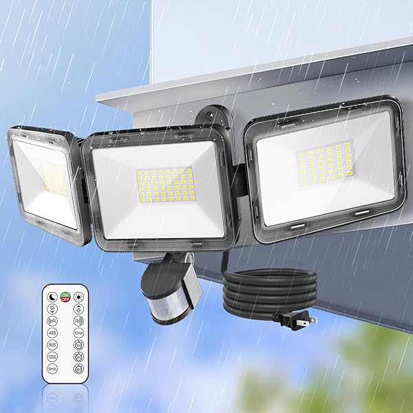 LEDセンサーライト 屋内/屋外使用可 人感センサー LED投光器 70W 昼白色 6500K フラッドライト リモコン操作 自動点灯/消灯 超高輝度 7000ルーメン 3灯式 IP66防水仕様 省エネ 明るい 爆光 防犯ライト 投光器 ガレージ 庭