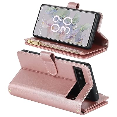 Google Pixel 6A ケース pixel 6a google 縄掛けケース 手帳型 財布型 ICカード コインポケット ストラップ付き カード 収納 小銭入れ ファスナーポケット付き PUレザー 6色ピンク