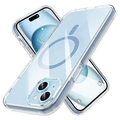iPhone 15 Plus 用 ケース Magsafe対応 マグネット搭載 米軍MIL規格 超耐衝撃 防滑ストライプ クリア 黄変防止 ワイヤレス充電対応 マグセーフ対応 透明 保護カバー スマホケース 6.7インチ ブルー