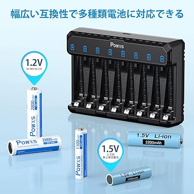 急速電池充電器 1.2V ニッケル水素電池/1.5V リチウム電池 単3形・単4形に対応 8スロットで8本同時独立充電可能 LED充電表示 Type-C入力 単三/単四電池 充電器