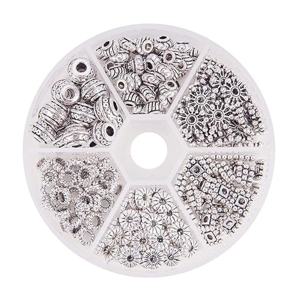 約216個入り 6種類 メタルビーズ 古銀色 合金 スペーサービーズ 菊座 花座 座金 チャーム チベット風 ..