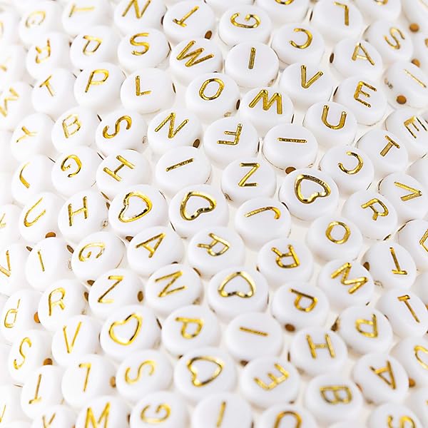 500個 アクリル アルファベット ビーズ ゴールド オン ホワイト ネームブレスレット ジュエリー製作用 (ゴールドホワイト)(ゴールドホワイト)