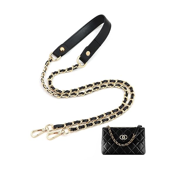 ショルダースト ショルダーストラップ バッグ用 チェーンショルダーストラップ ショルダーバッグ ひも バッグ修理 交換用 持ち手ストラップ ショルダースト 単品 ラップ バッグ用 約120cm (レザー(一部) 黒＋金)