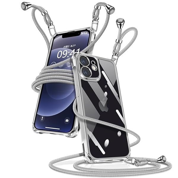 iPhone 12 ケース クリア ショルダー iPhone12 スマホケース アイフォン12 カバー 肩掛け 斜めかけ 縄掛けケース 透明 薄型 軽量 TPU 携帯ケース 紐付き 斜めがけ 織りストラップ付き 長さ調整可能 取り外し可能 落下防止
