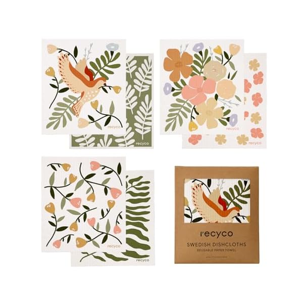 セルロース ふきん キッチン クロス 6枚セット 天然繊維 17×19cm 防臭 台拭き スポンジワイプ 鳥＆花 ..