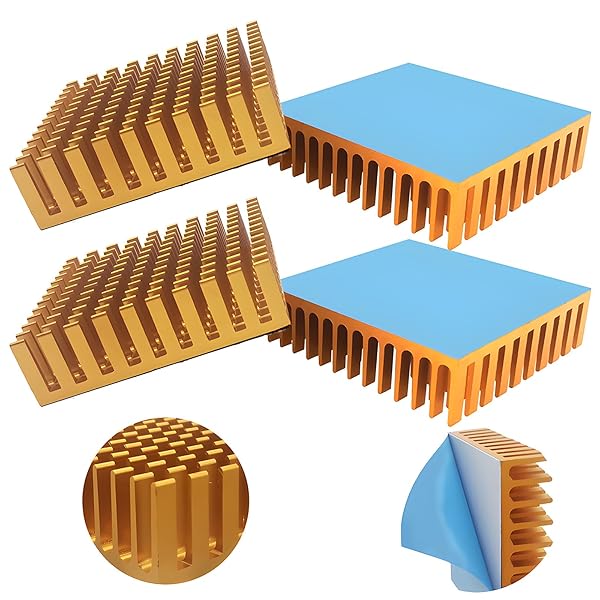 ヒートシンク, 熱伝導性テープ付き 熱暴走対策ラック 冷却フィン アルミニウム製 放熱板 ファイア テレビ DIYキット ICチップ MOSFET 回路基板 ハイパワーLEDアンプに適用(4個,ゴールデン)