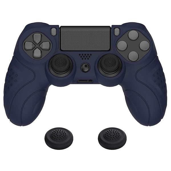 ps4に対応する人間工学に基づいたソフト滑り止めコントローラーシリコンケースカバー、ps4 Slim/Proコントローラーに対応するジョイスティックキャップ付き【ミッドナイトブルー】