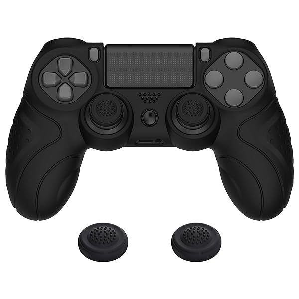 ps4に対応する人間工学に基づいたソフト滑り止めコントローラーシリコンケースカバー、ps4 Slim/Proコントローラーに対応するジョイスティックキャップ付き【ブラック】