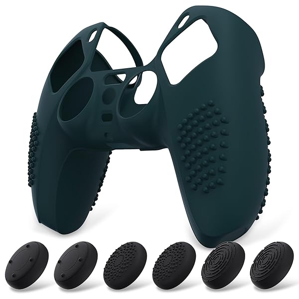 PlayVital ps5コントローラーに対応用保護カバー、滑り止めシリコンスキンケースカバー、ps5コントローラー対応用人間工学に基づいたソフトラバー、保護ケース親指スティックキャップ付き【3Dスタッズエディション-レーシンググリーン】