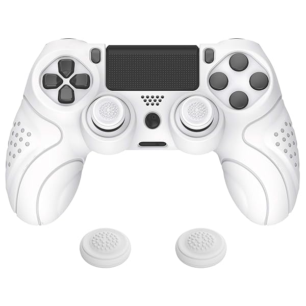 ps4に対応する人間工学に基づいたソフト滑り止めコントローラーシリコンケースカバー、ps4 Slim/Proコントローラーに対応するジョイスティックキャップ付き【ホワイト】