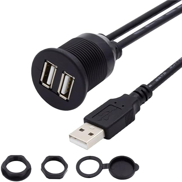 USB 2.0 フラッシュマウント オス1本からメス2本 延長ケーブル 車のダッシュボードパネルマウント用 防水 防塵