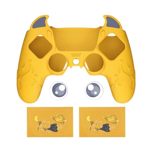 ps5コントローラーに対応用シリコンカバー、ps5に対応用カワイイコントローラーカバースキンプロテクター(デーモンスタイル)、サムグリップキャップ＆タッチパッドステッカー付き【黄色】