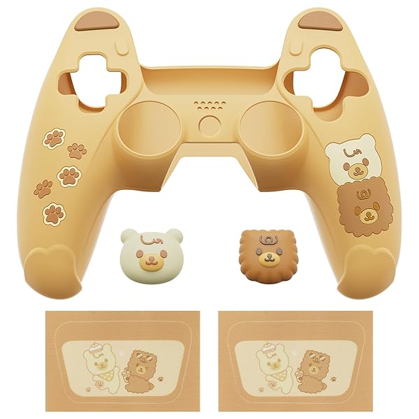 ps5コントローラーに対応用シリコンカバー、可愛いクマスタイルカバー付けたまま充電ステーションにも対応し、サムスティックキャップカバー&タッチパッドシール付属しています【イエロー＆ブラウン】