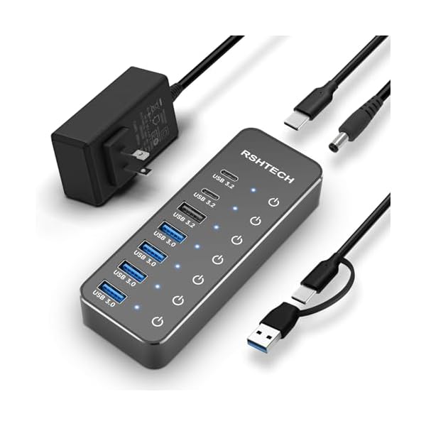 USB ハブ10Gbps 7ポートUSB C 3.2x2 USB A 3.2x1 USB 3.0x4 2 in 1 ケーブル 付き アルミ製 USB HUB セルフパワーとバスパワー両用 5V 電源 独立スイッチ付き(RSH-ST07C)