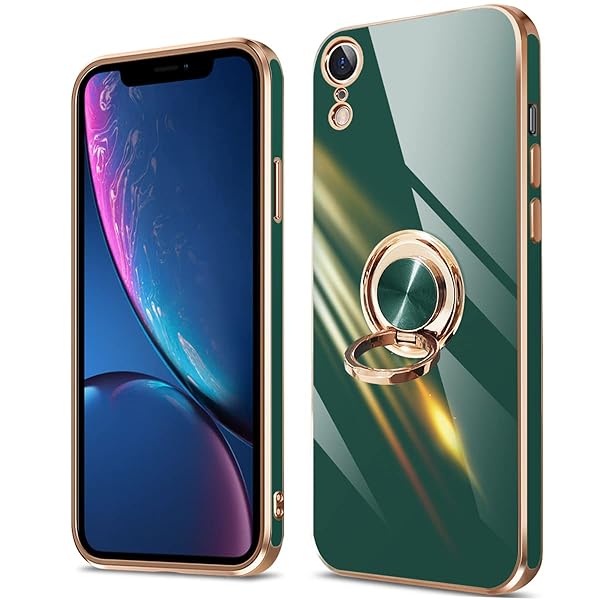 iPhone XR ケース リング カバー リング付き 耐衝撃 全面保護 磁気カーマウントホルダー スタンド 柔らかい殻 車載ホルダー対応 薄型 軽量 TPU 簡潔なファッション (ダークグリーン)