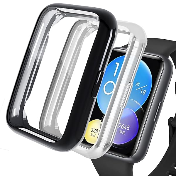 2個セット 【全面保護カバー 】 対応 HUAWEI WATCH Fit 2 ケース ソフト TPU素材 ファーウェイ watch Fit 2 クリアカバー 擦り傷防止 軽量薄型 メッキ加工 ファーウェイウオッチ フィット2 バンパー （ブラック+ク
