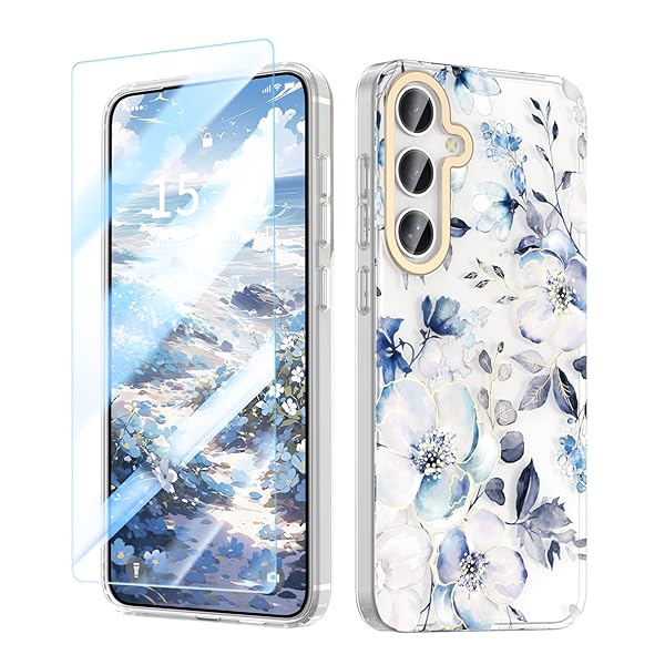 Samsung Galaxy S24 ケース 花柄 かわいい クリア 強化ガラスフィルム付き 耐衝撃 ソフト&軽量 耐久性 ..