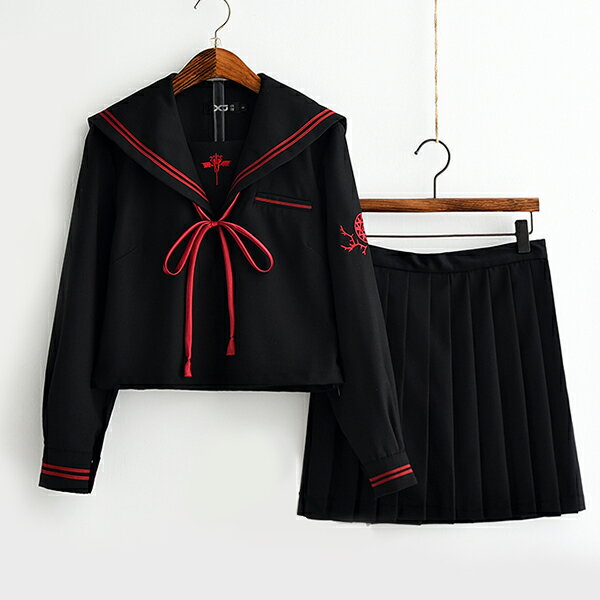 送料無料 セーラー服 長袖 コスプレ黒 セーラー服 ダーク悪魔スタイル 刺繍花柄制服 女子高生 衣装 コ..