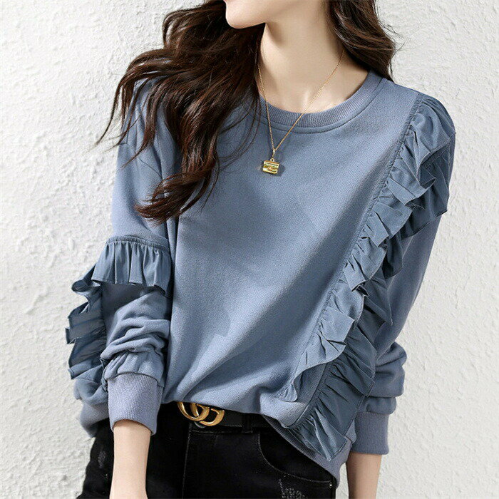 パーカー フリル 切り替え レディース 秋 ブラウス 切り替えパーカー スウェット トレーナー 長袖 フリルパーカー オフィス トップス 大きいサイズ プルオーバー ゆったり 体型カバー 着瘦せ カジュアル シンプル 通勤OL おしゃれ 大人 女性らしい 可愛い