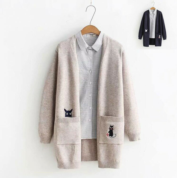 ニットカーディガン レディースニットセーター アウター ロング丈羽織り 長袖 秋物 セーター 猫柄 刺繍..