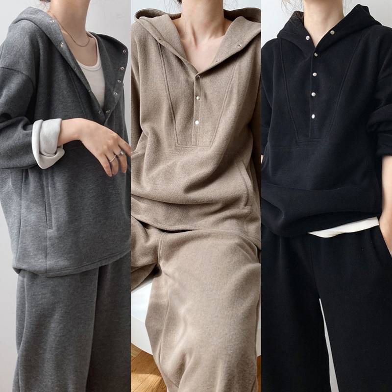 カジュアル 寝間着 楽ちん リラックス 長ズボン 長袖 冬服 秋服 Vネック プルオーバー フロントボタン 無地 黒色 ブラック 茶色