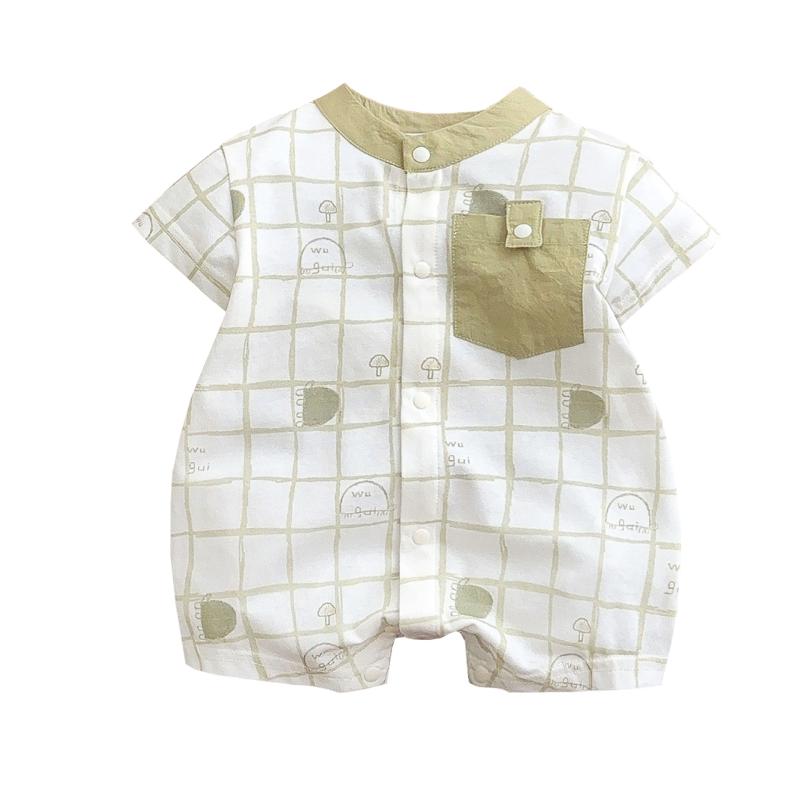 ベビー 男の子 半袖 オールインワン クローリング服 薄手 綿混紡 緑 カジュアル 夏 類 かわいい カートゥーン柄 短パンタイプ おむつカバー付き 伸縮性 吸湿速乾 通気性 新生児 0-1歳 66-90cm