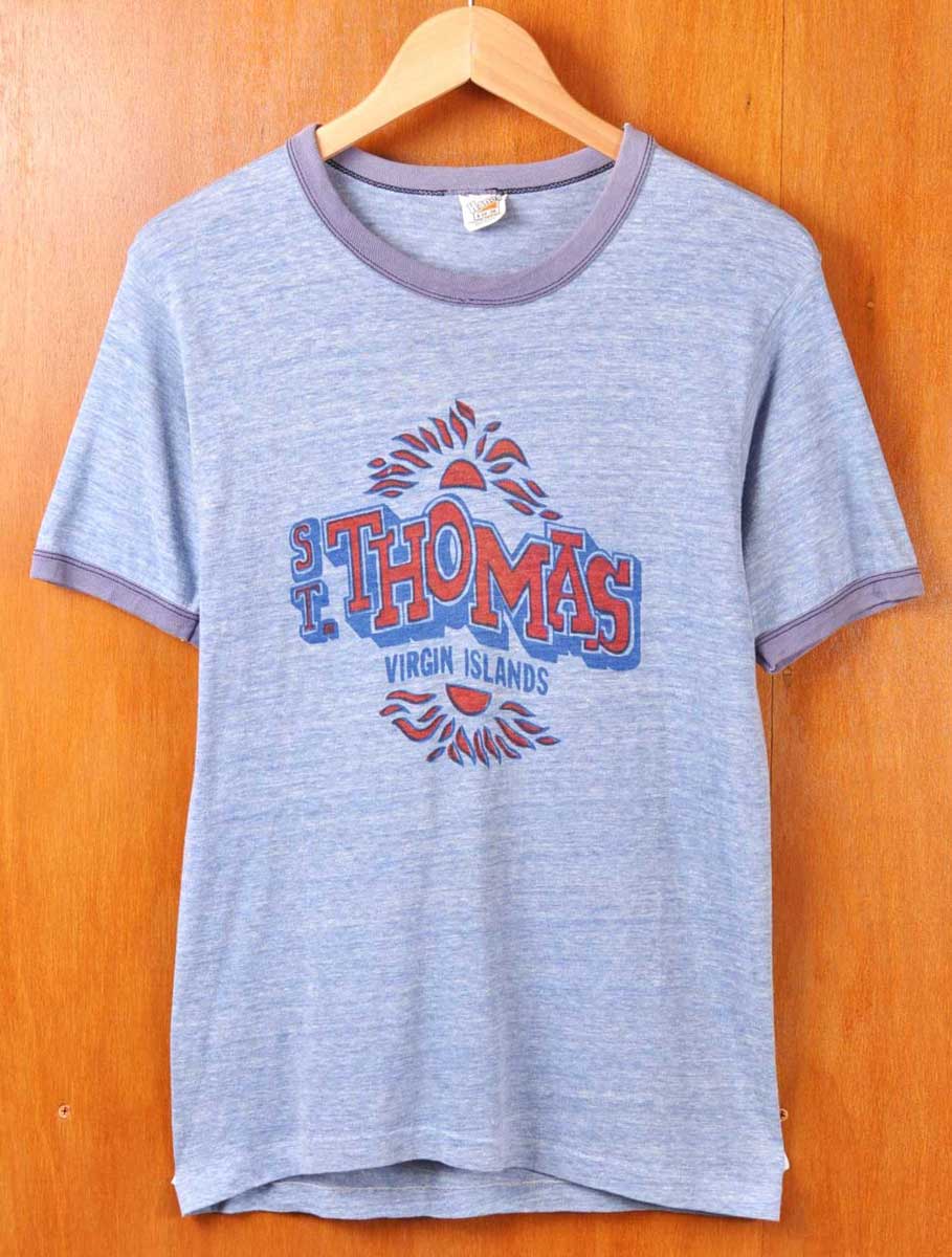 U-Neck - ヴィンテージ 1970年代 USA製 / Hanes ヘインズ / セントトーマス島 スーベニア / 半袖リンガーTシャツ / 霜降りブルー 染み込みプリント / メンズXS相当【中古】▽