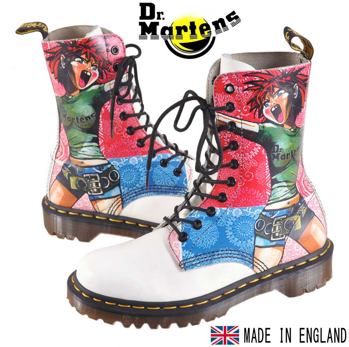 楽天古着雑貨ペンギントリッパーイングランド製 ヴィンテージ / Dr.martens ドクターマーチン / 10ホールブーツ / ジャパニメーション系 アニメ柄 ホワイト レザー / UK5 JPN24.0cm【中古】○