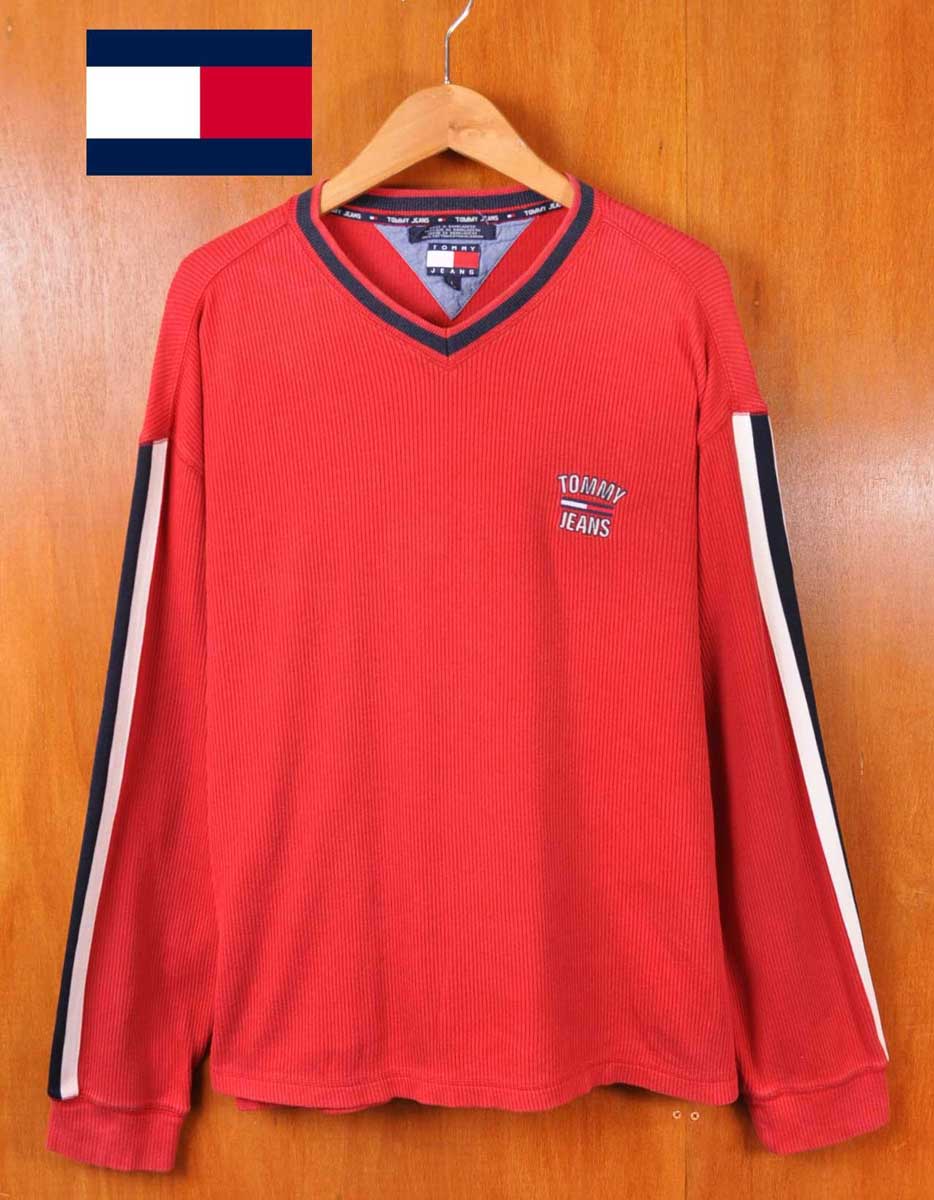 【ビッグサイズ】ヴィンテージ 1990年代 / TOMMY JEANS トミージーンズ TOMMY HILFIGER トミーヒルフィガー / テレコ素材 長袖Tシャツ ロングスリーブTシャツ / レッド 袖ライン / メンズXL相当【中古】▽