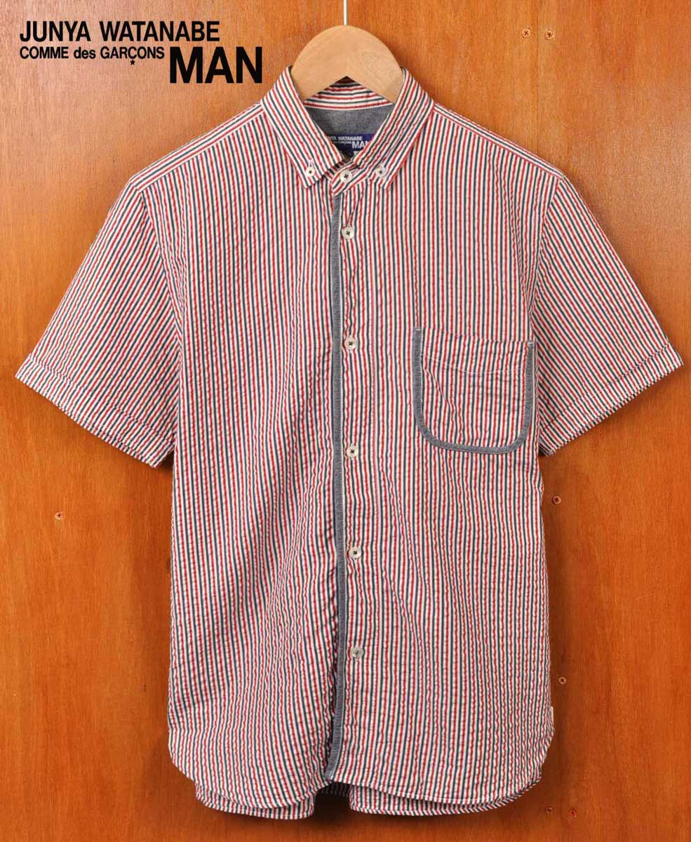 Button-Down Shirt - 2010年 日本製 / JUNYA WATANABE MAN COMME des GARCONS ジュンヤワタナベ マン コム・デ・ギャルソン / ワッシャー加工 コットン ボタンダウン 半袖シャツ / レッド×グレー×ホワイト ストライプ柄 / メンズXS【中古】▽