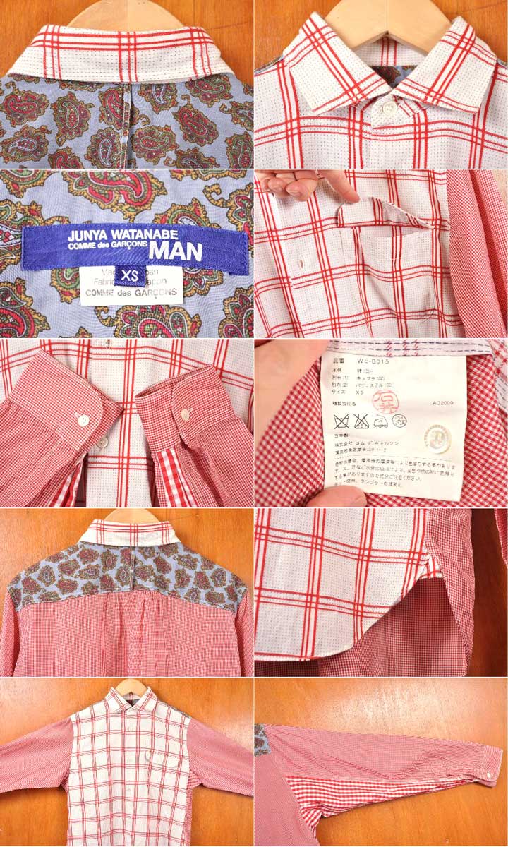 2009年 日本製 / JUNYA WATANABE MAN COMME des GARCONS ジュンヤワタナベ マン コム・デ・ギャルソン / 長袖シャツ / レッド×ホワイト マルチパターンチェック柄 ペーズリー柄 / メンズXS【中古】▽