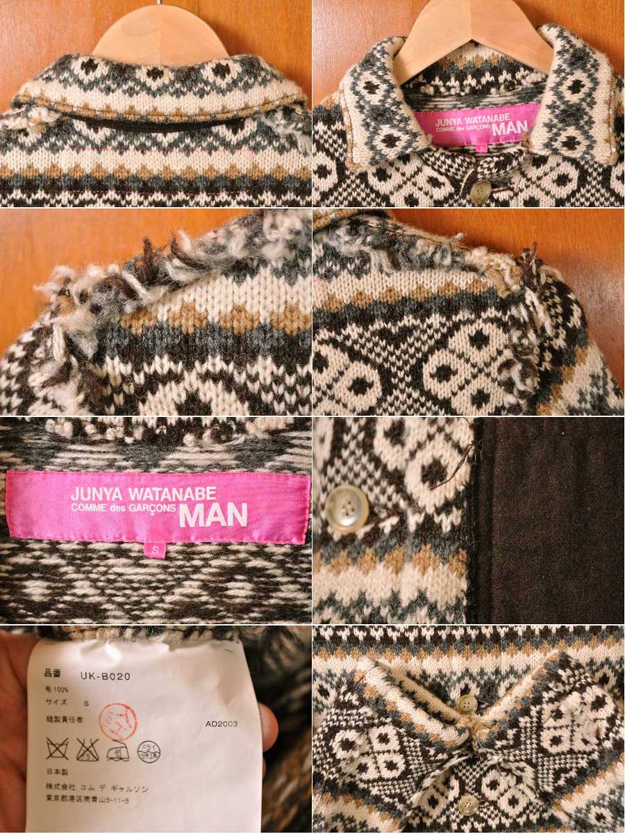 2003年 日本製 / JUNYA WATANABE MAN COMME des GARCONS ジュンヤワタナベ マン コム・デ・ギャルソン / ホツレデザイン ニットジャケット / オフホワイトベース×ノルディック柄 / レディースS【中古】▽